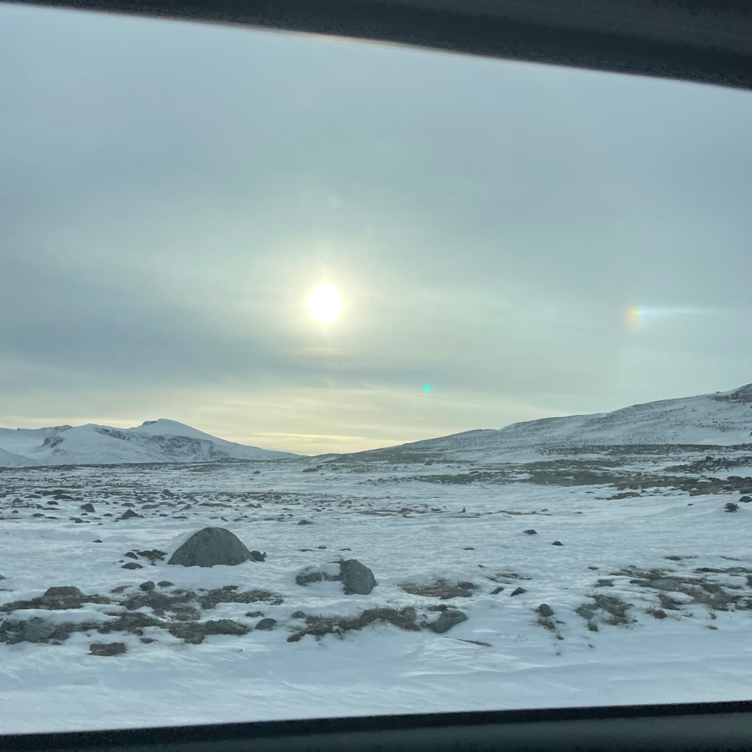 Snø og litt sol på høgfjellet. Biletet er teke frå bilruta på veg opp til Klimapark 2469.